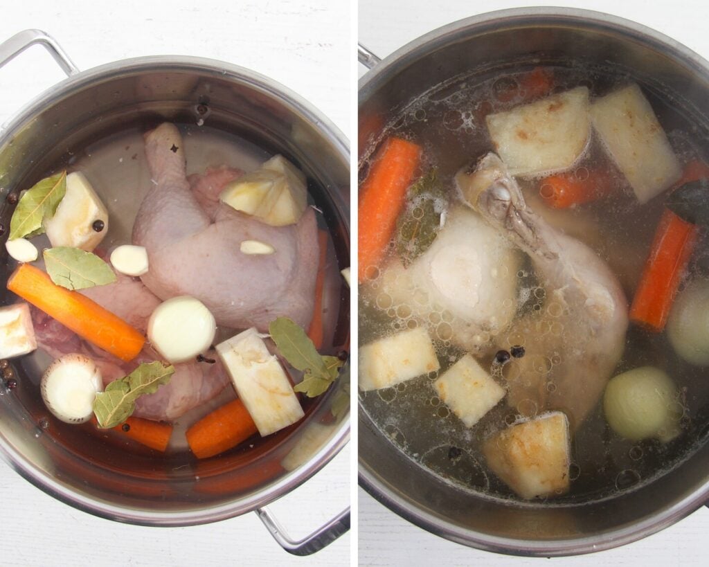 cooking chicken and vegetables for soup in a large soup pot
