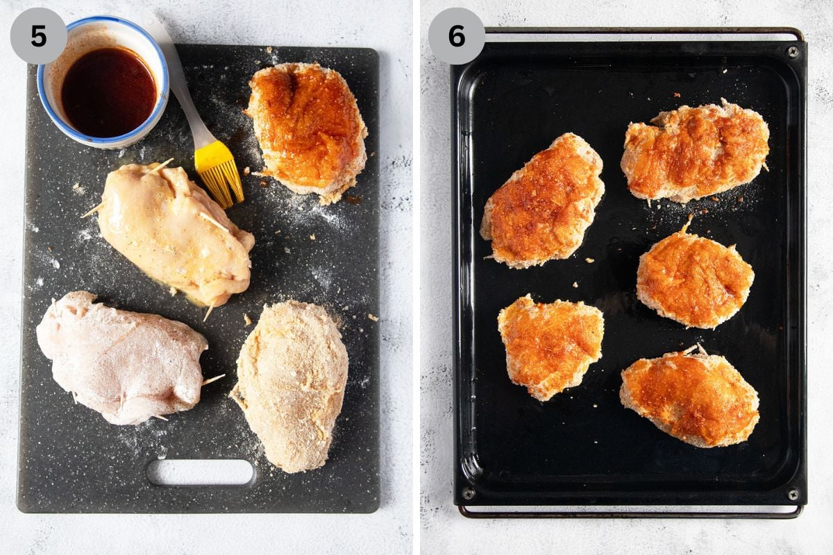 coating chicken cordon bleu with spices and placing it on the baking tray.
