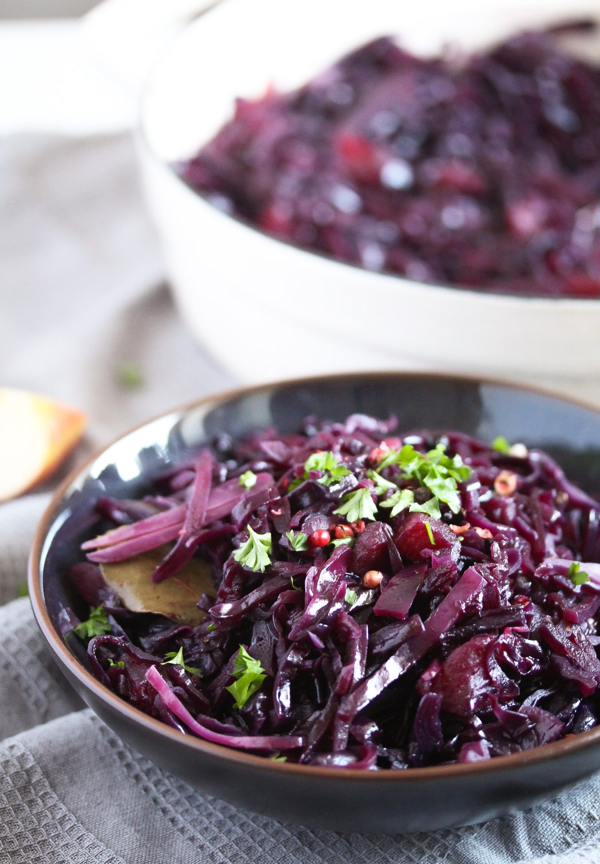 german red cabbage in a dark bowl ready to be served