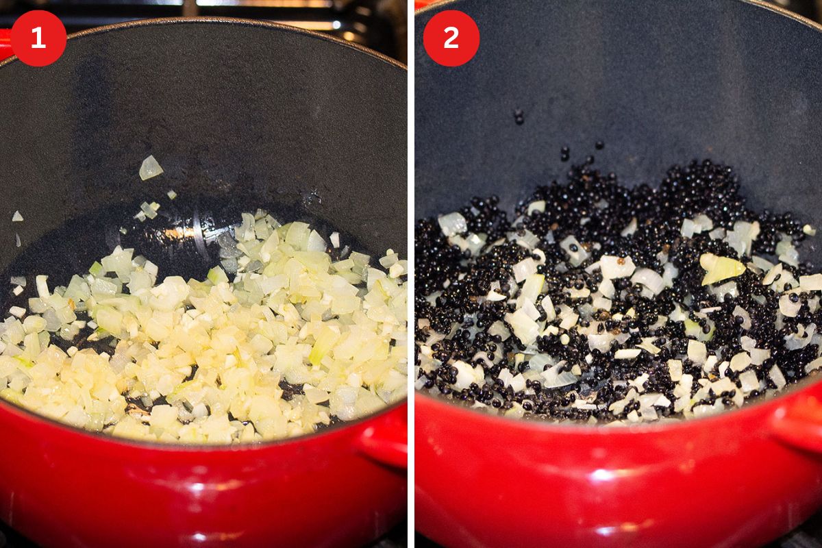 collage of two pictures of frying onions and adding black lentils to a red pot.
