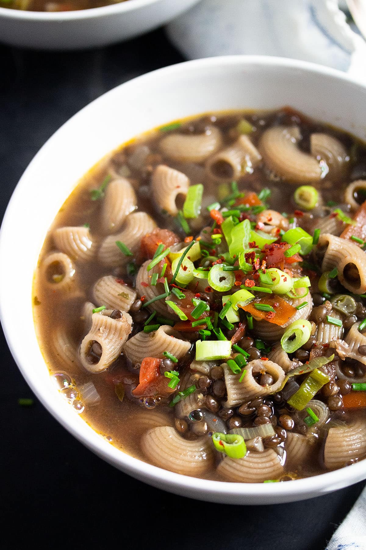 soup with whole wheat macaroni, beluga lentils and vegetables in a bowl.