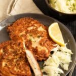 pinterest image with the title pancake-battered chicken.