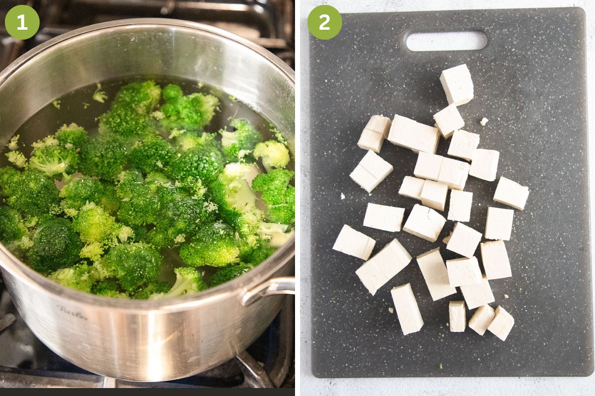 collage of two pictures of blanching broccoli and cubed tofu.