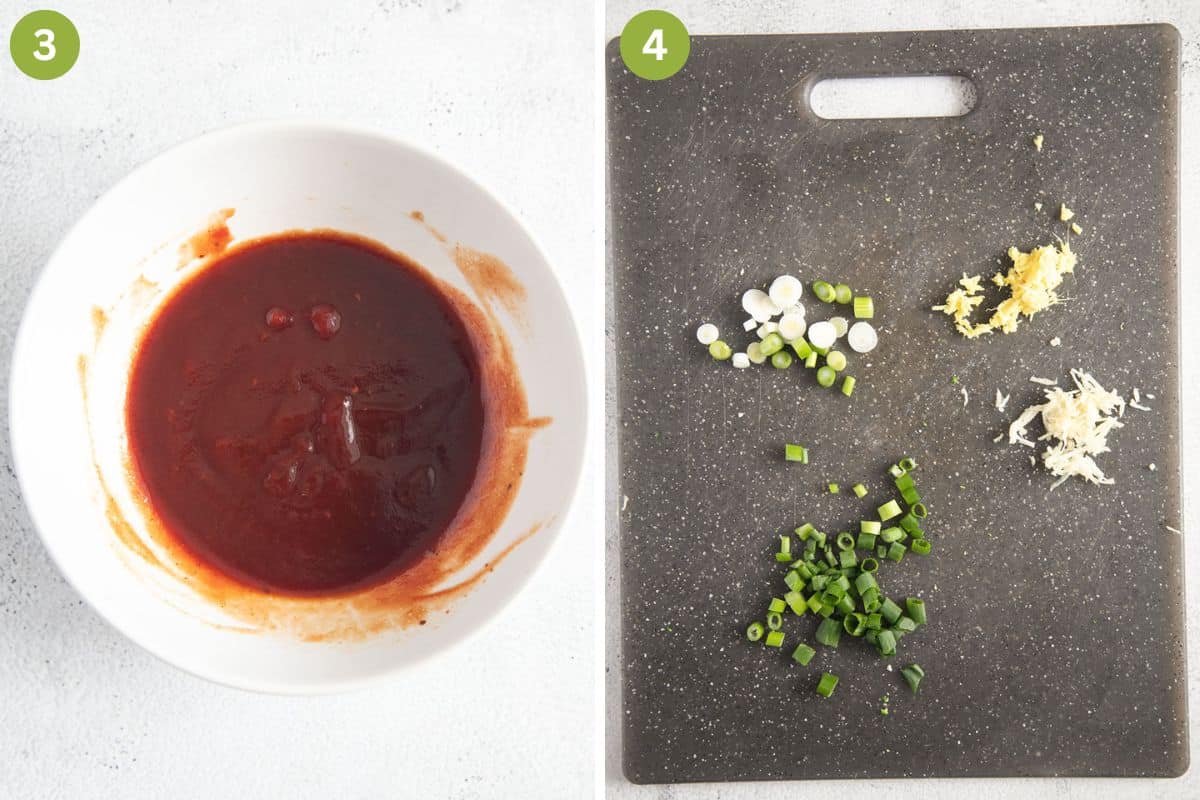 collage of two pictures of a bowl of sweet sour sauce and chopped garlic, ginger, and green onions.