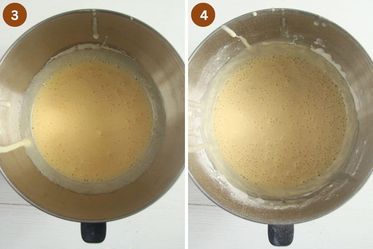 collage of two pictures of beating batter for cake in a large bowl.