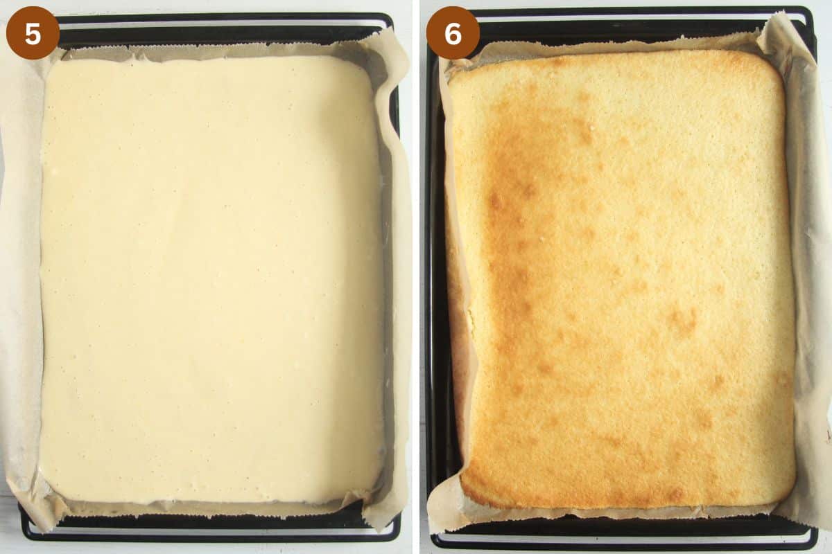 collage of two pictures of unbaked and baked cake batter on a baking sheet.