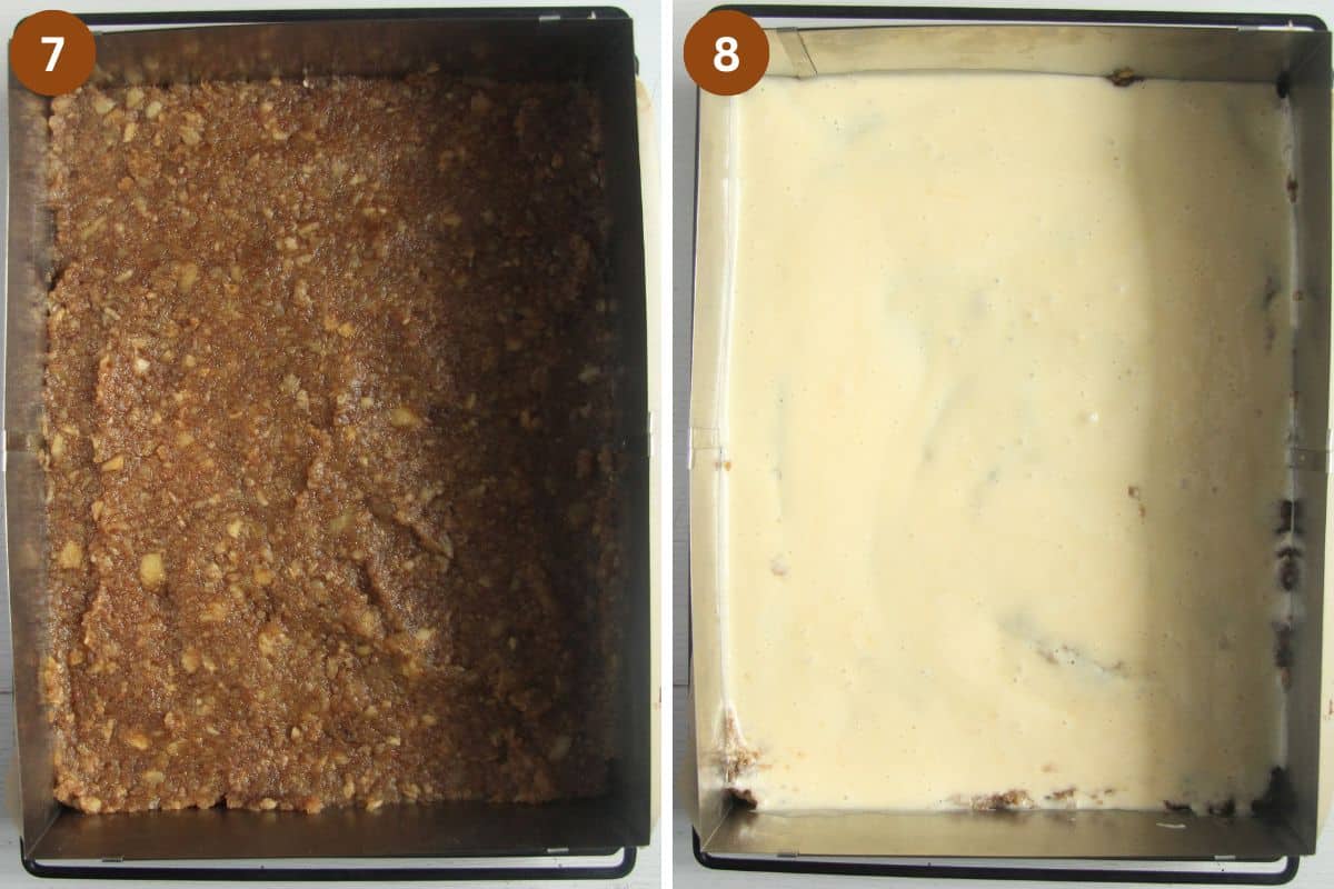 collage of two pictures of adding apples stew and cake batter to a baking sheet.
