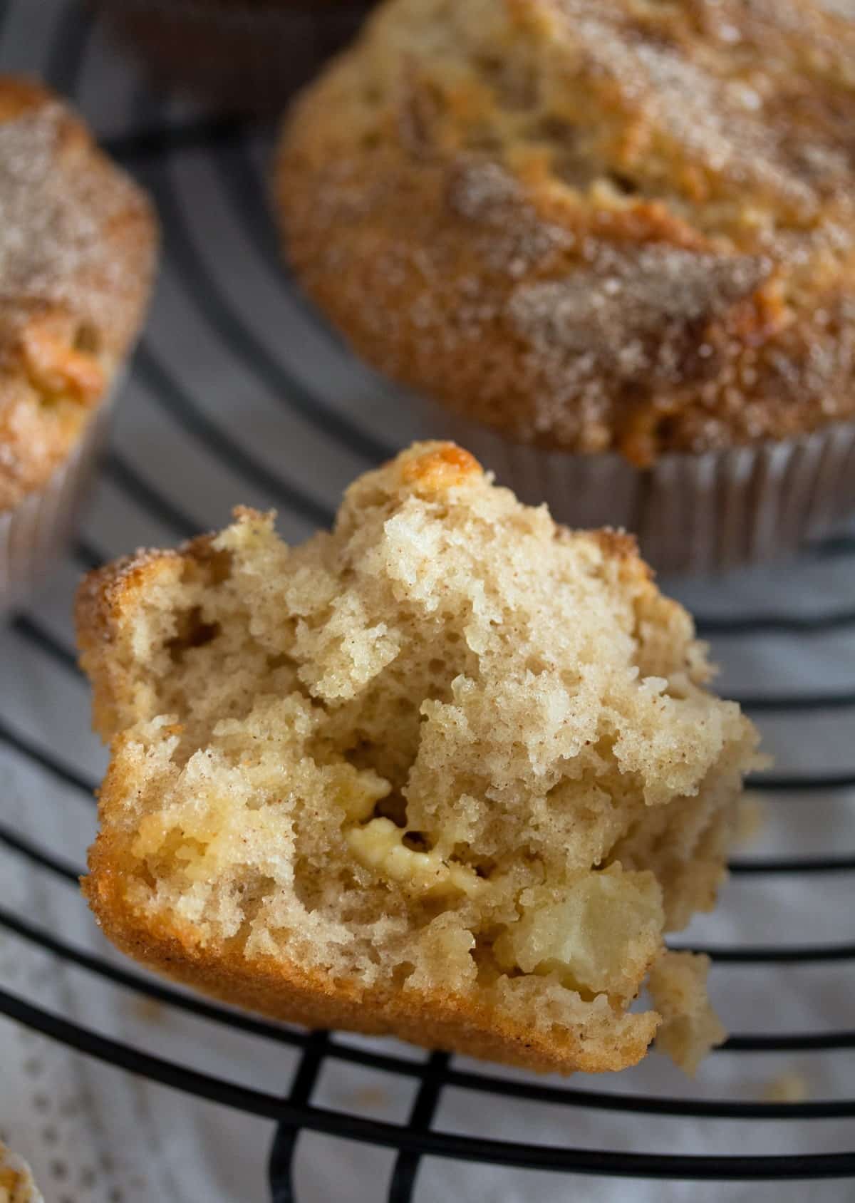 split fluffy muffin showing the crumb.