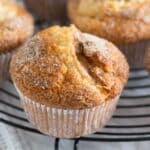 close up one apple muffin with oil on a wire rack.