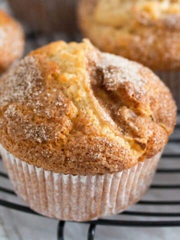close up one apple muffin with oil on a wire rack.