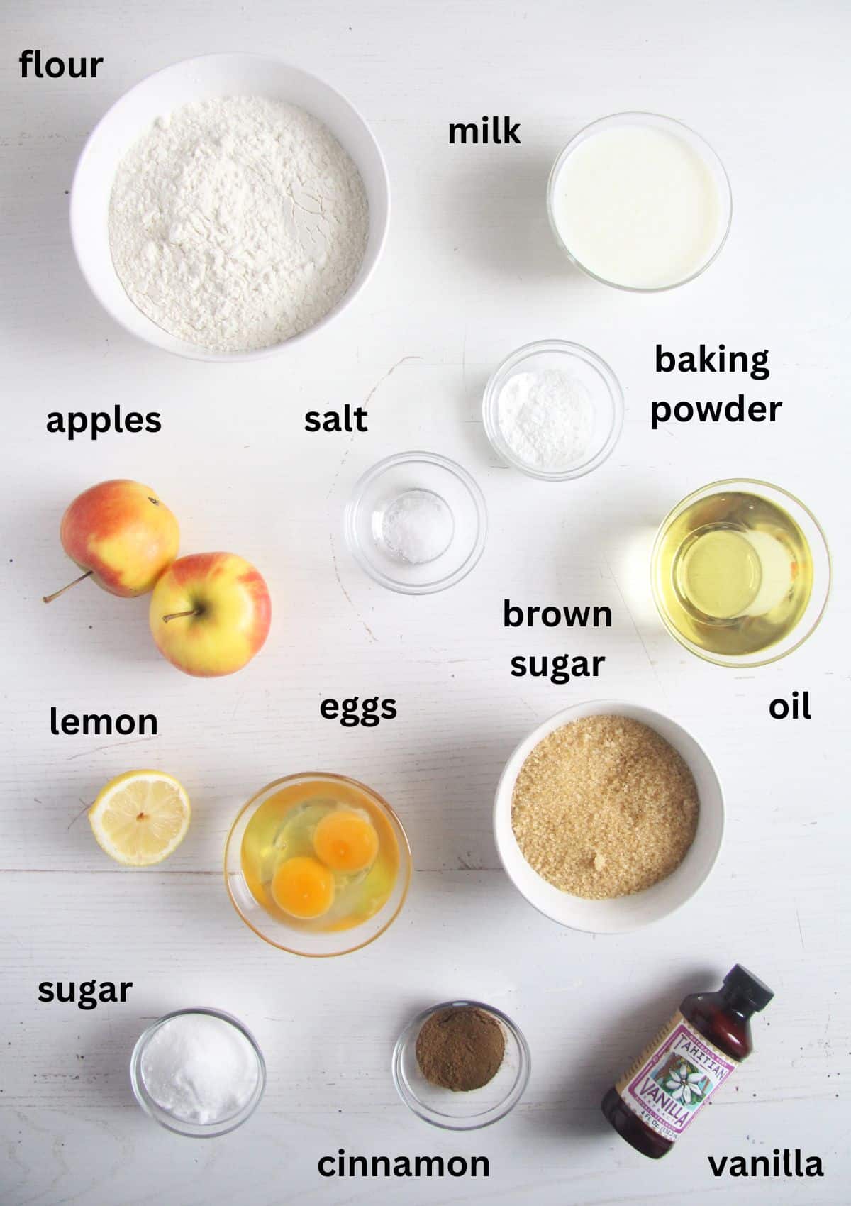 listed ingredients for making apple muffins with oil and cinnamon sugar topping.