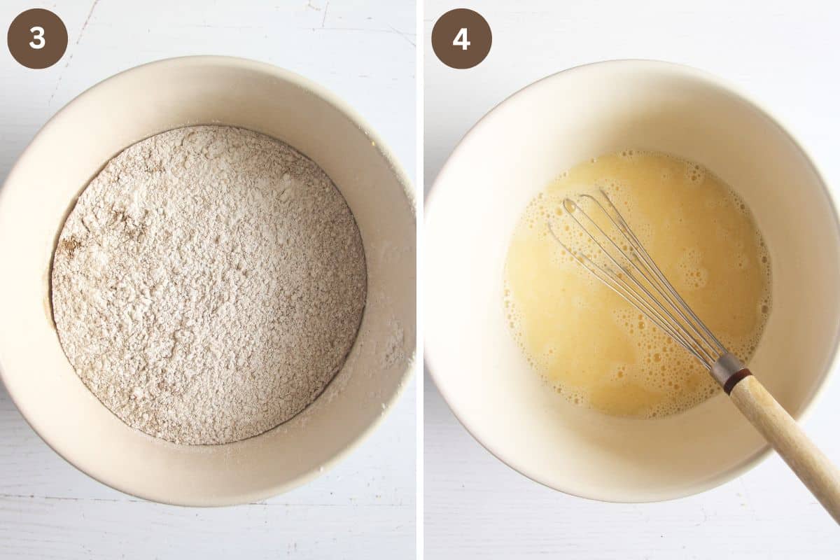 collage of two pictures of mixing dry and then wet ingredients for batter in bowls.