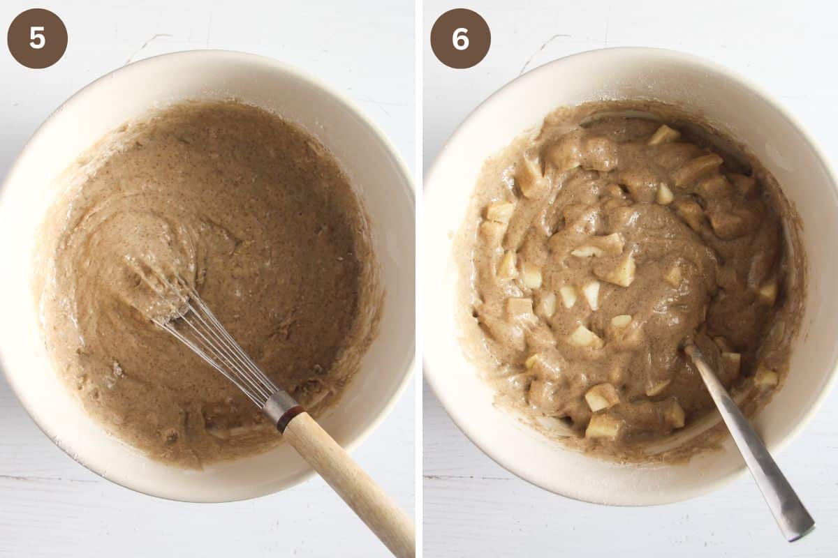 collage of two pictures of stirring batter for muffins and adding chopped apples.