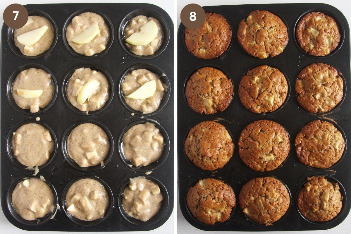 collage of two pictures of unbaked and baked muffins in a muffin tin.