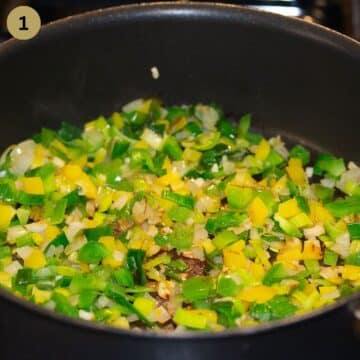 sauteing vegetables in a saucepan for making a rice side dish.