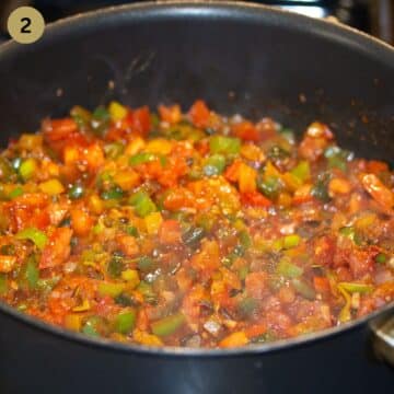 simmering vegetables in a saucepan for making bbq rice.