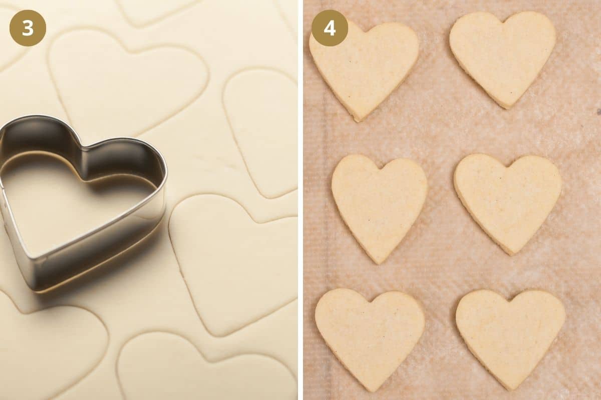 collage of two pictures of cutting dough into heart cookies.