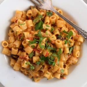 overhead view of eggplant pasta sauce on a plate sprinkled with lots of parsley and with a fork.