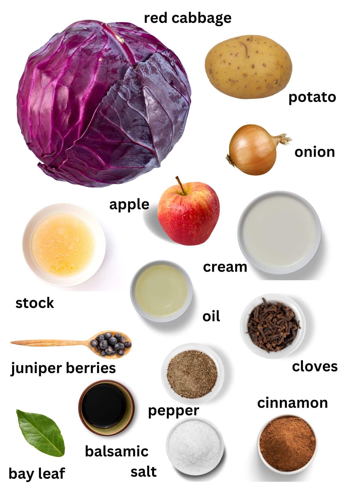 listed ingredients for making soup with red cabbage, apples and potatoes.