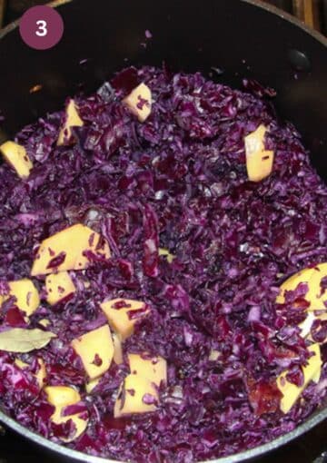 sauteing red cabbage and potatoes in a soup pot.