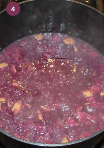 simmering soup with red cabbage in a pot.