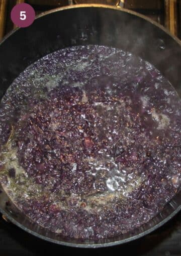 red cabbage soup in a large pot before blending.