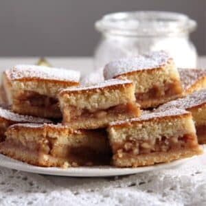 many pieces of stewed apple cake stapled on a plate, a jar of icing sugar behind it.