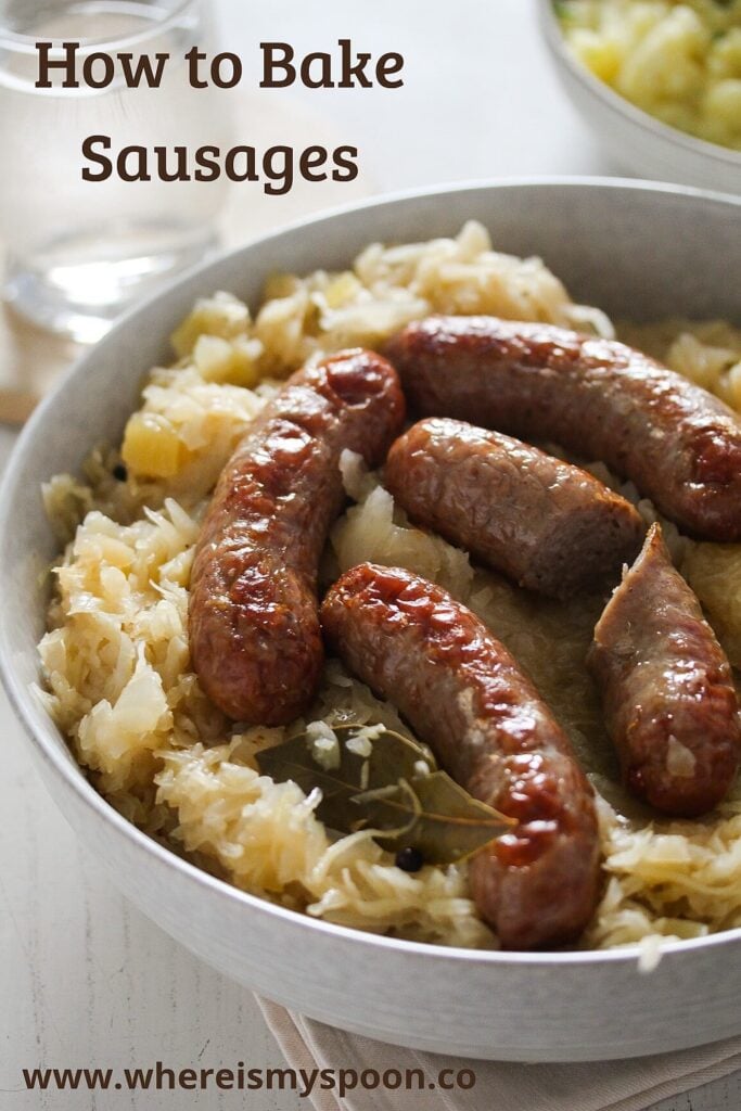 baked sausages and german sauerkraut in a bowl