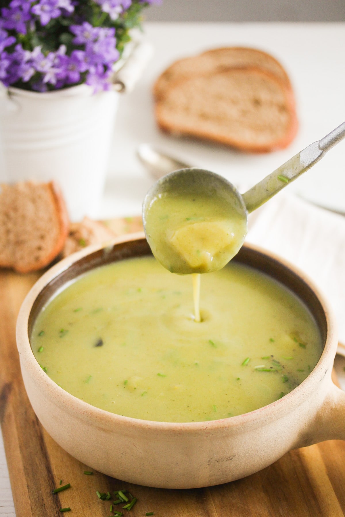 potato leek soup and bread on the table