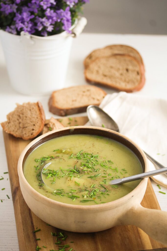 small pot with leek and potato soup