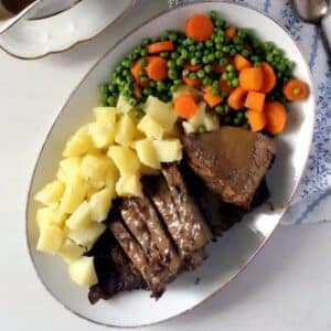 balsamic beef sliced and served with peas, carrots and potatoes.