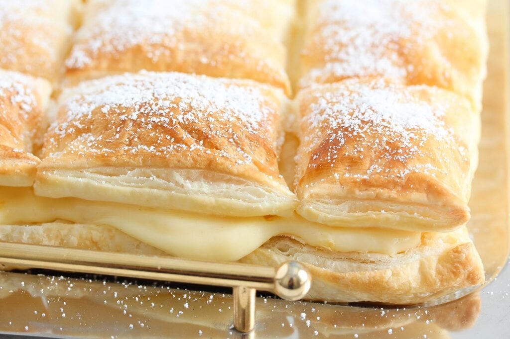 puff pastry cremeschnitte filled with custard close up
