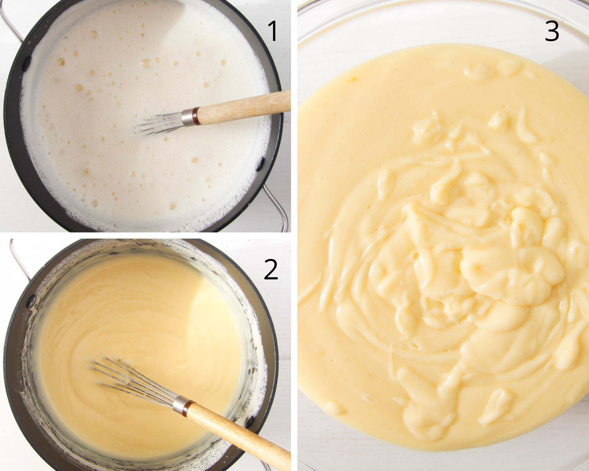 pot with custard and a whisk and custard in a bowl