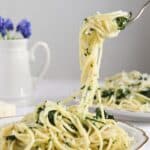 pinterest image for frozen spinach pasta.
