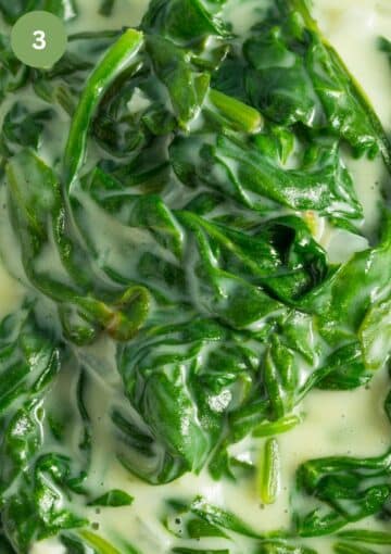 mixing spinach with cream and milk.