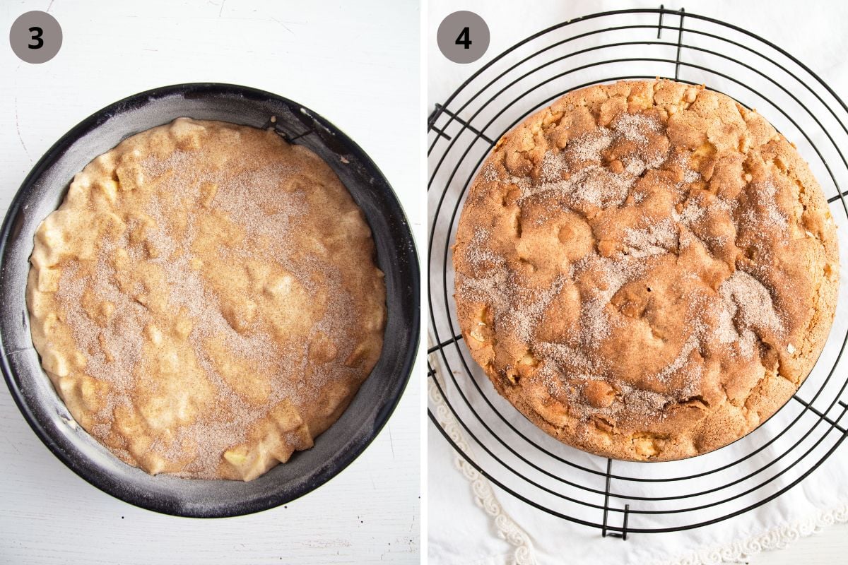 collage of two pictures of cake batter in a pan and cake cooling on a rack.