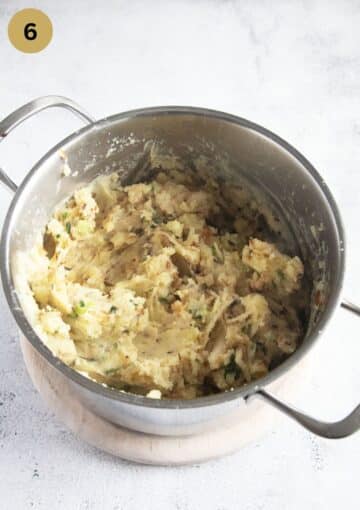 mashed potatoes and cabbage in a large pot.