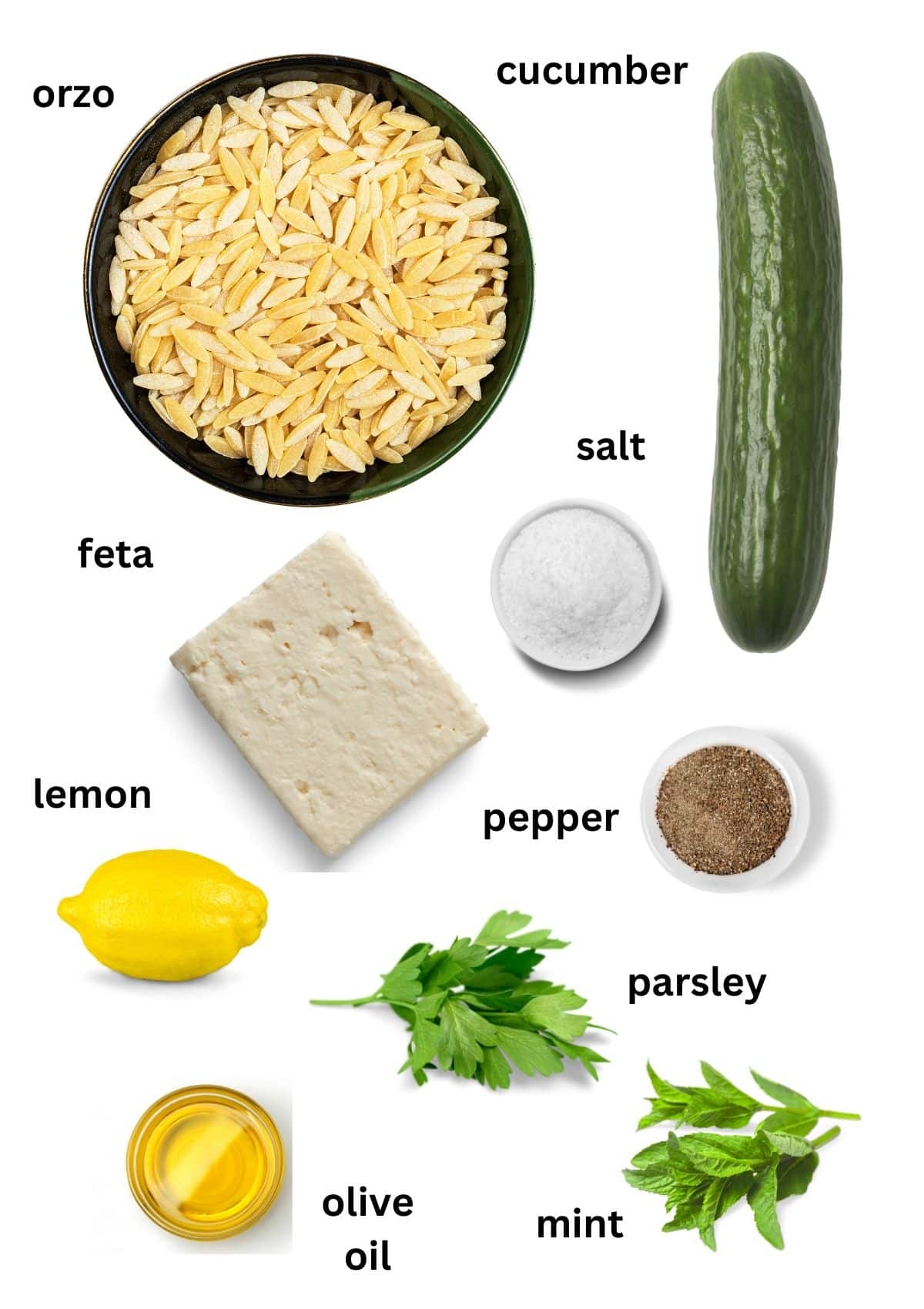 labeled ingredients for making pasta salad with orzo, lemon, cucumber, feta, mint, and parsley.