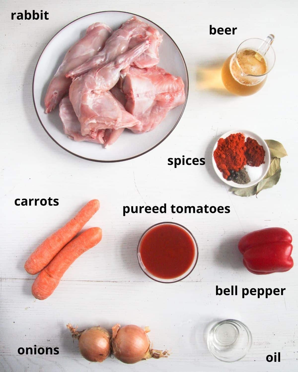 listed ingredients for rabbit stew with beer and vegetables.