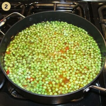frozen peas for making stew in a large saucepan on the stovetop.