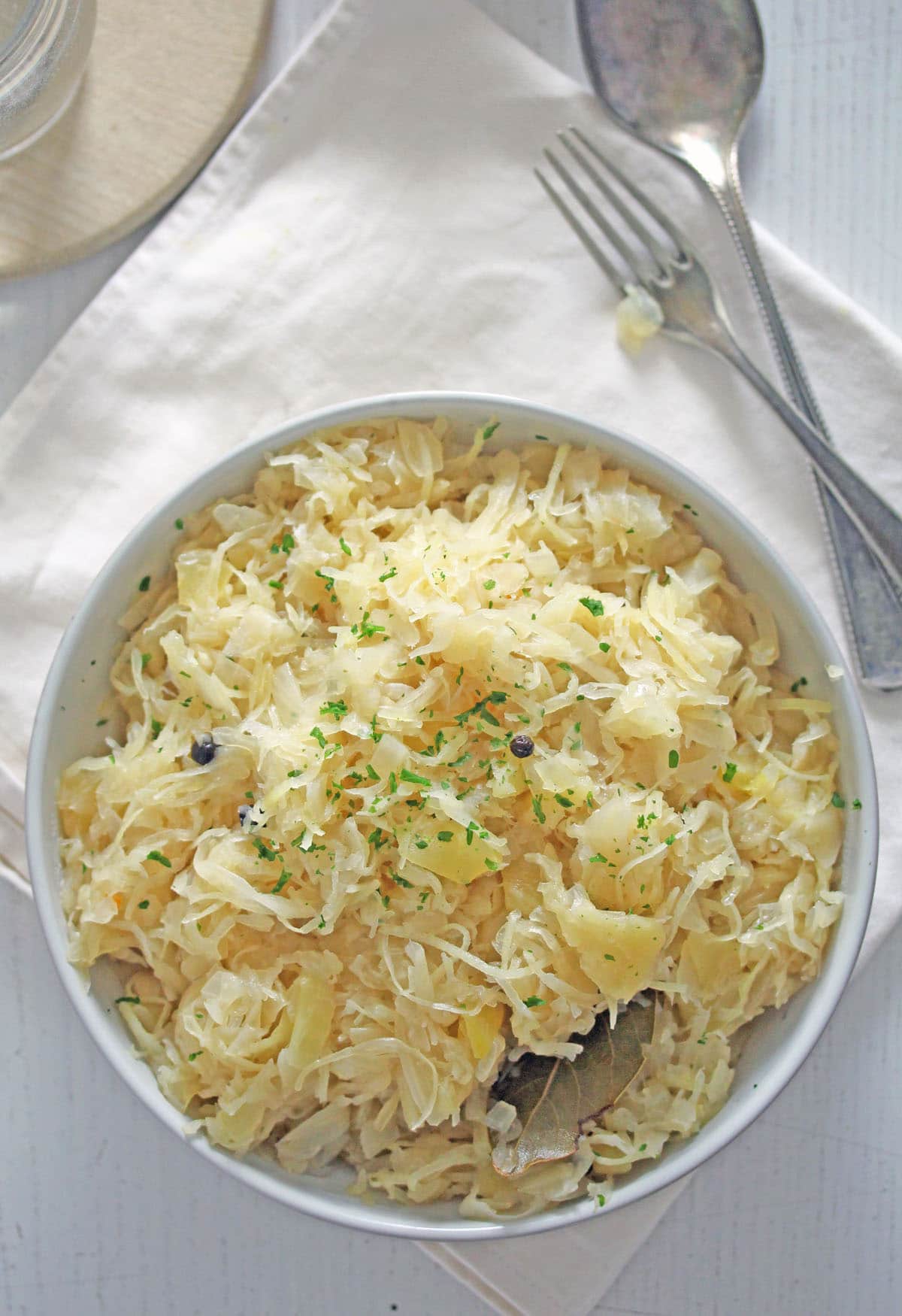 large bowl with cooked pickled cabbage seen from above