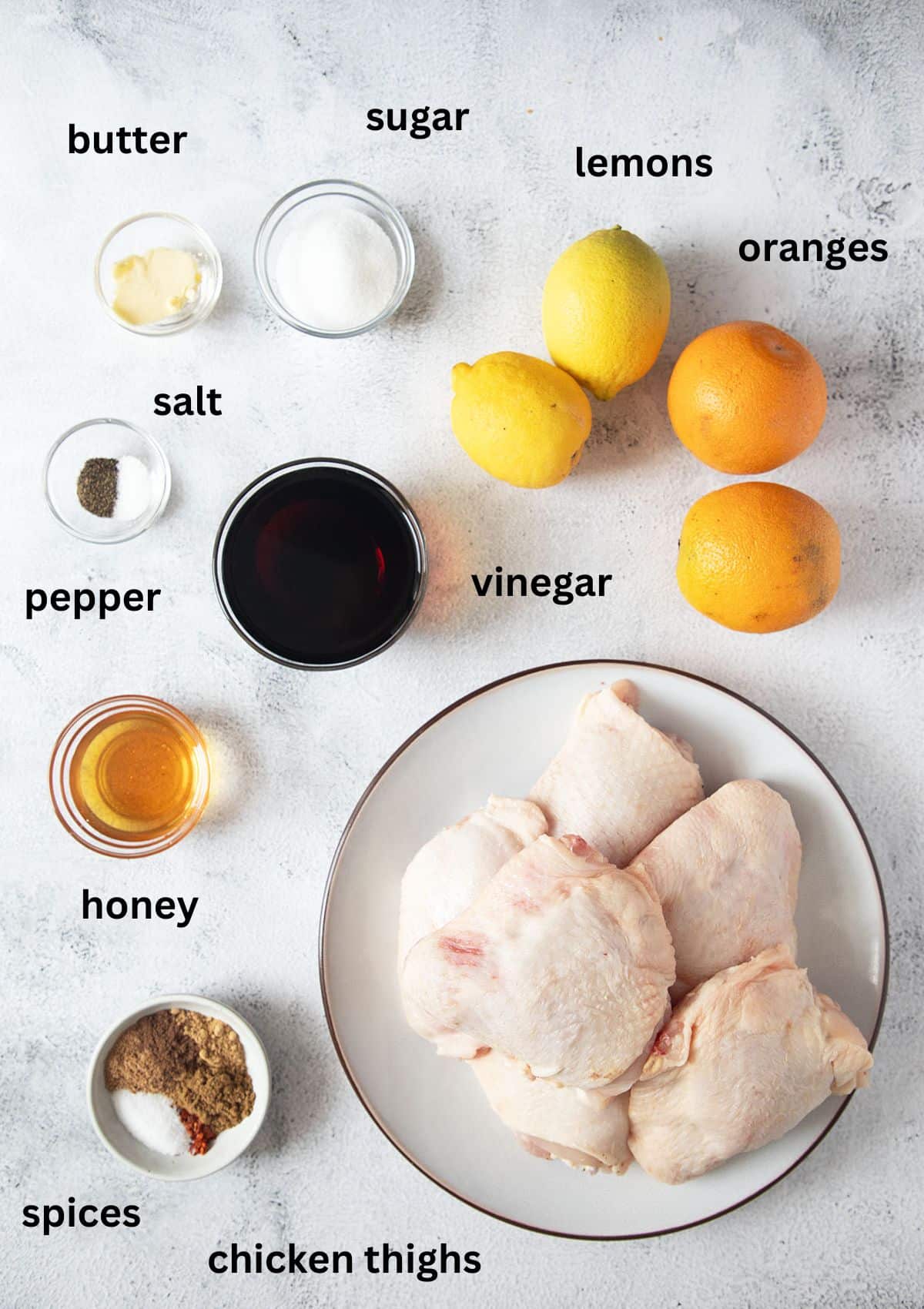 listed ingredients for cooking chicken thighs with sweet and sour sauce.