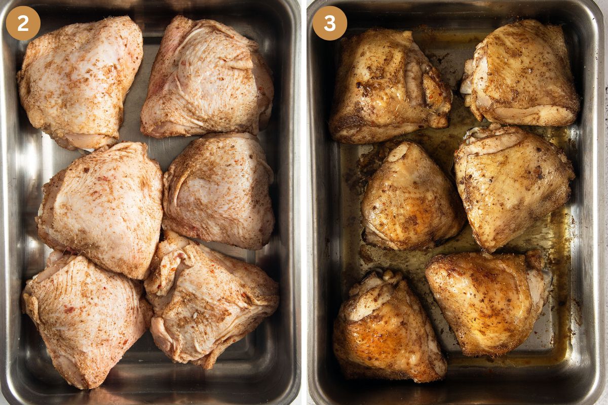 collage of two pictures of chicken thighs in a tin before and after roasting. c