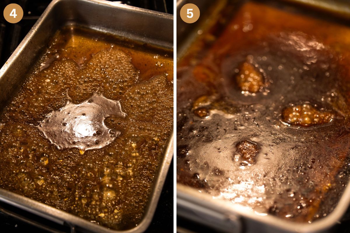 collage of two pictures of making sweet and sour sauce in a roasting tin on the stovetop.