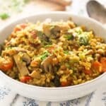 vegan pilaf with rice and lots of vegetables in a large bowl.