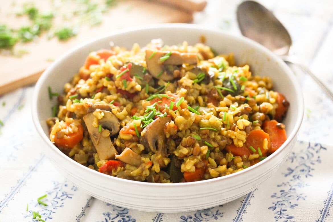 Brown Rice and Lentils (Vegan Rice Pilaf Recipe with Vegetables)