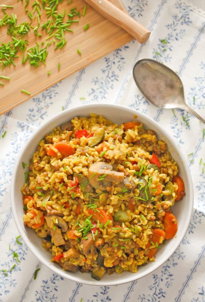 lentils and brown rice in a bowl