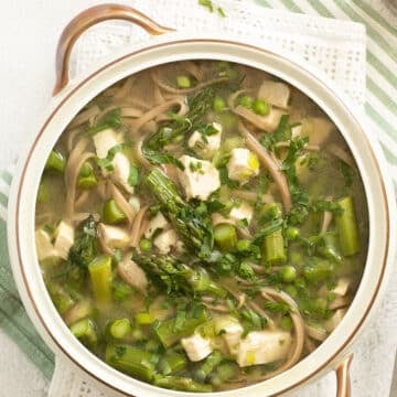 overhead view of a vintange soup bowl with chicken breast, asparagus and noodles.