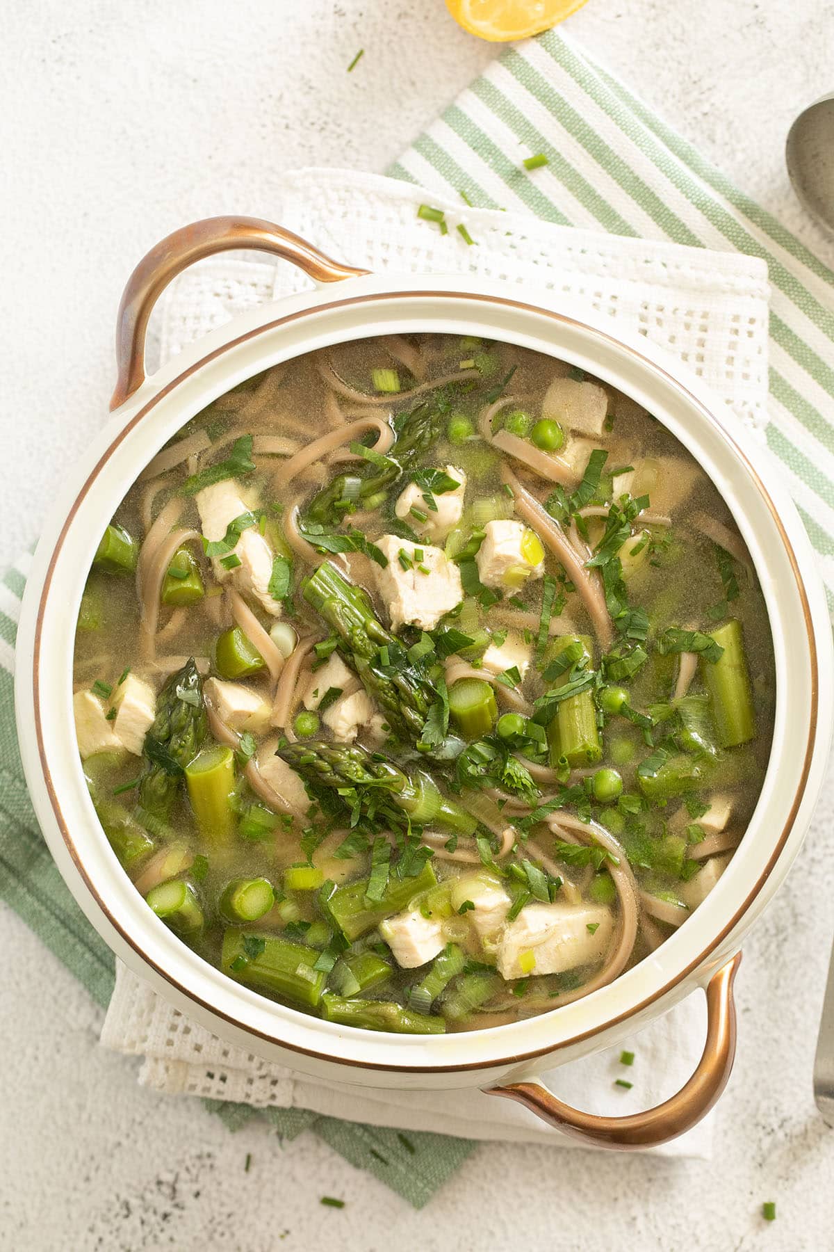 overhead view of a vintange soup bowl with chicken breast, asparagus and noodles.
