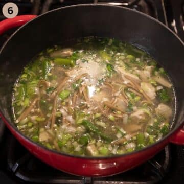 cooking soup with noodles, asparagus and chicken on the stove